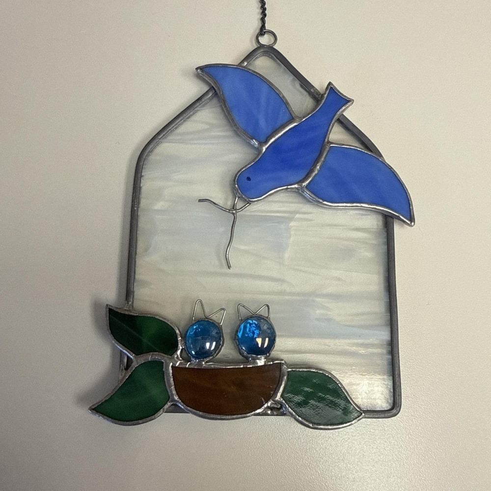 Vintage Leaded Stained Glass Window Sun Catcher Bird Bird Flowers Custom Made